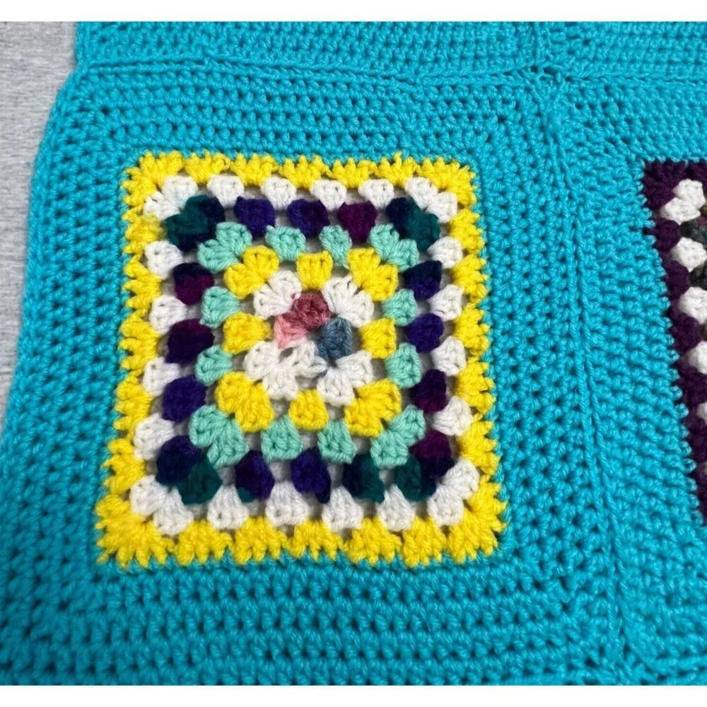 Boho‎ Y2K Crochet Granny Square Afghan Blanket Handmade Turquoise Rainbow 42x45